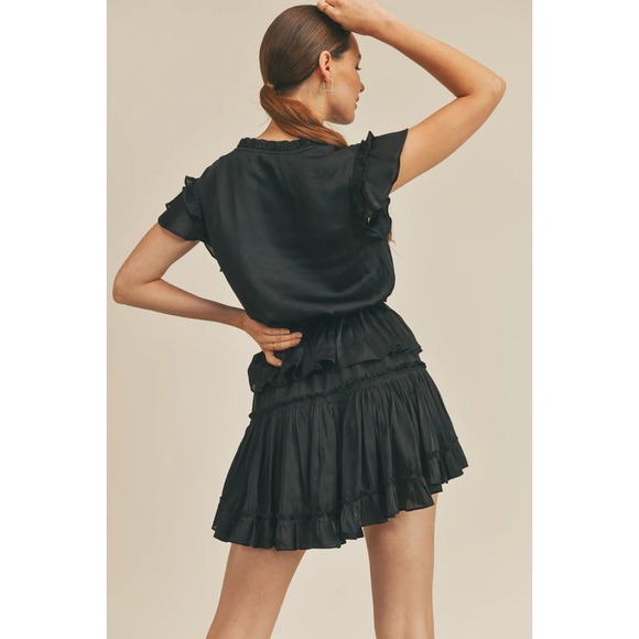 RESET BY JANE Sz L Claire Ruffle Tiered Mini Dress Satin Tie Neck Champagne Boho - Picture 3 of 9